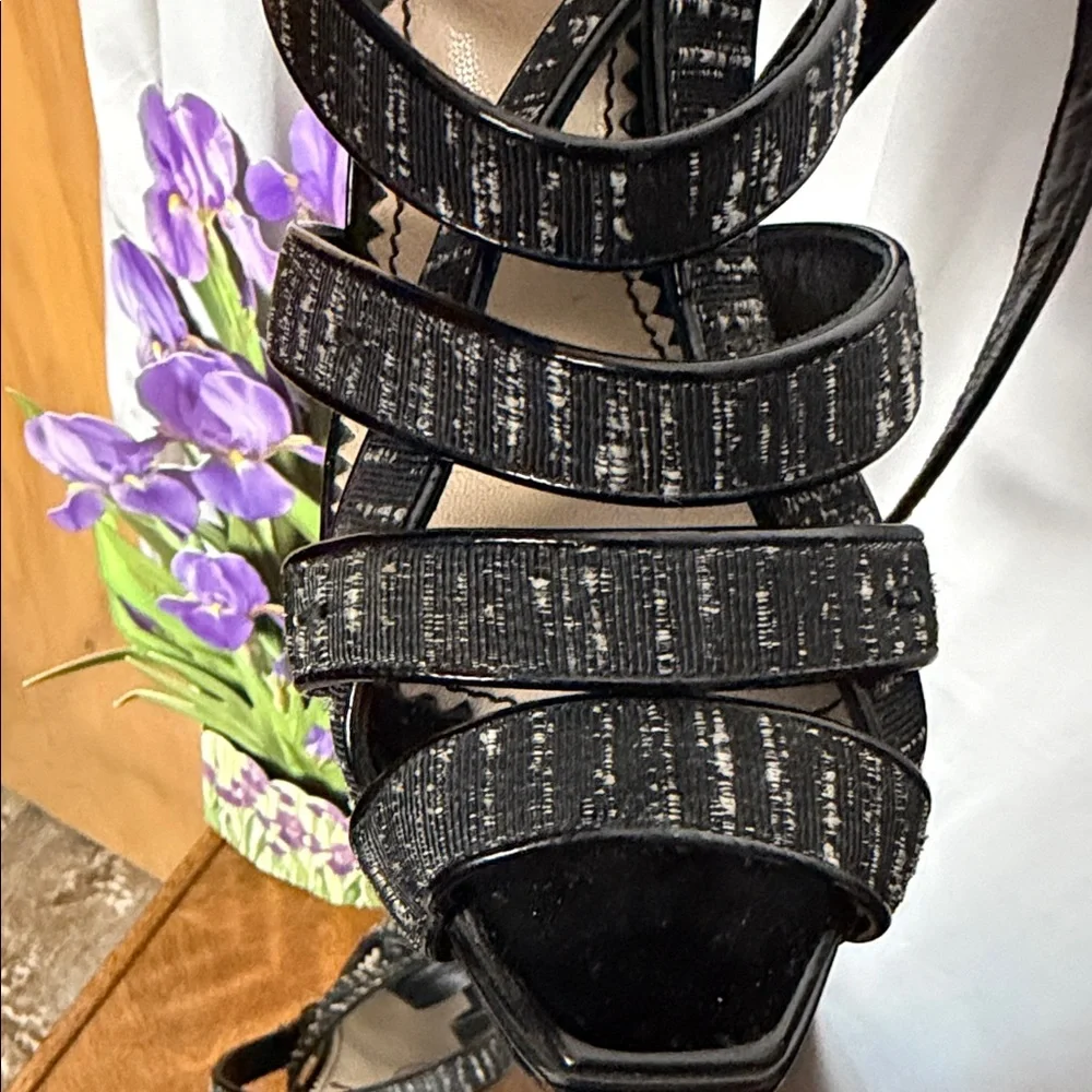 Saint Laurent Monochrome Buckle Ankle Wrap Wedge Heeled Sandals Size 37.5(7.5)